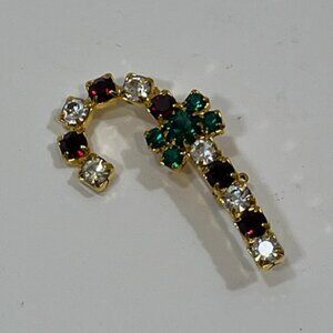 VTG Pronged Rhinestones Christmas Candy Cane Bow Brooch Pin .75"x1.5"
